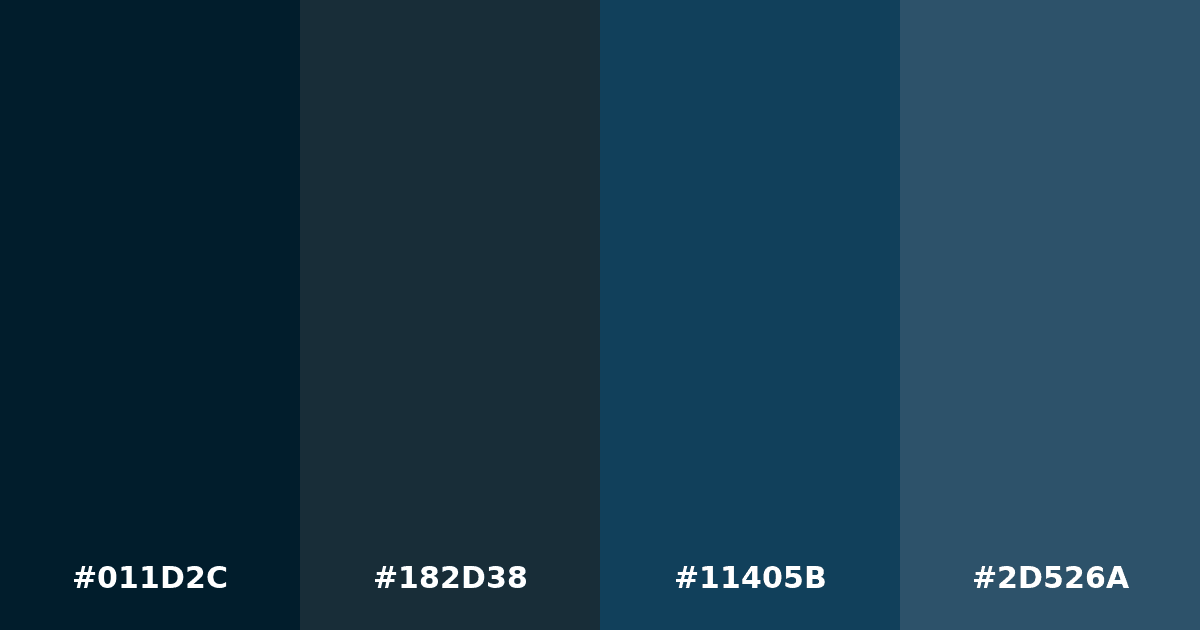 Color palette #011D2C #182D38 #11405B #2D526A