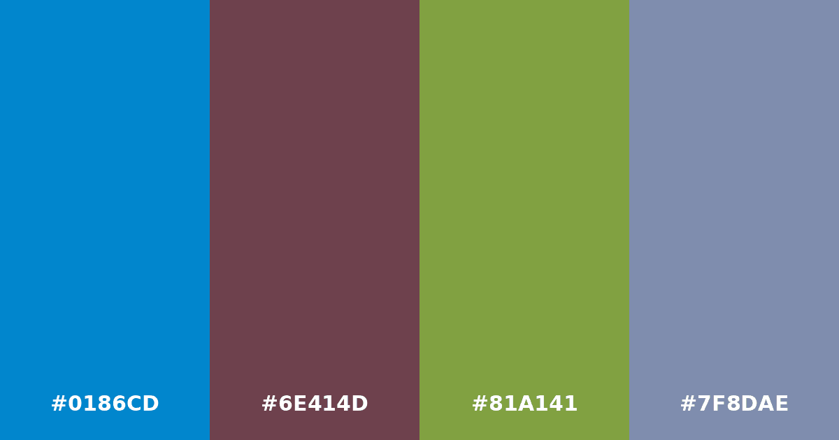 Color palette #0186CD #6E414D #81A141 #7F8DAE