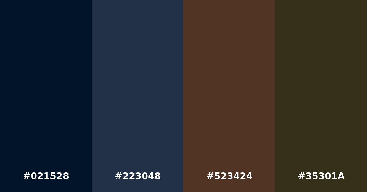 Color palette #021528 #223048 #523424 #35301A