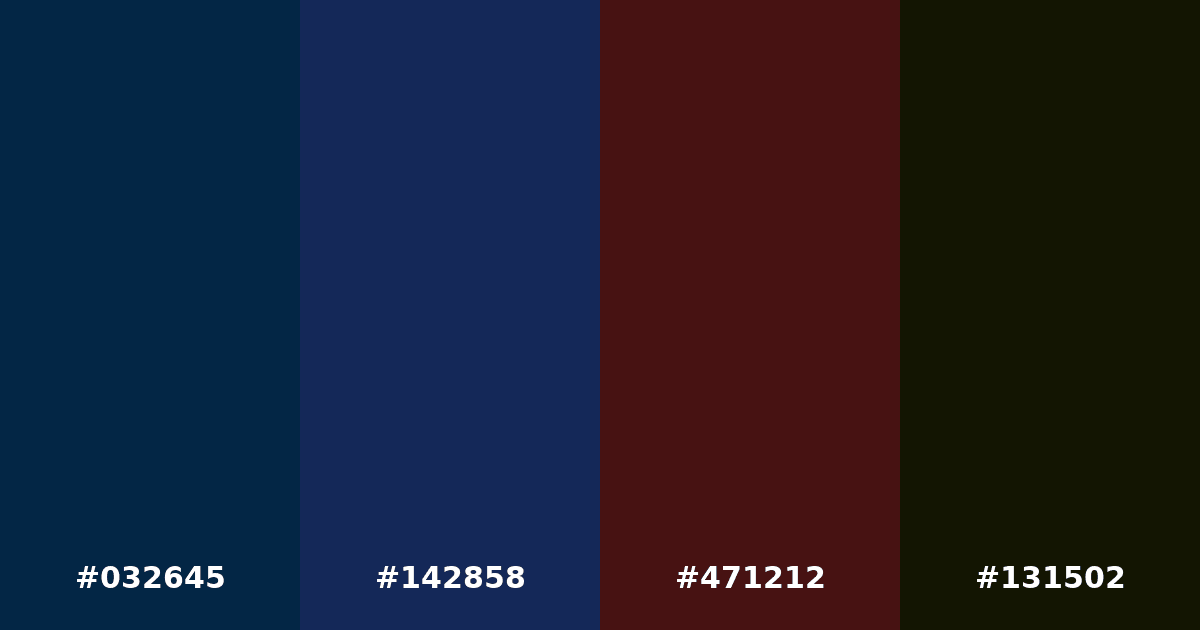 Color palette #032645 #142858 #471212 #131502
