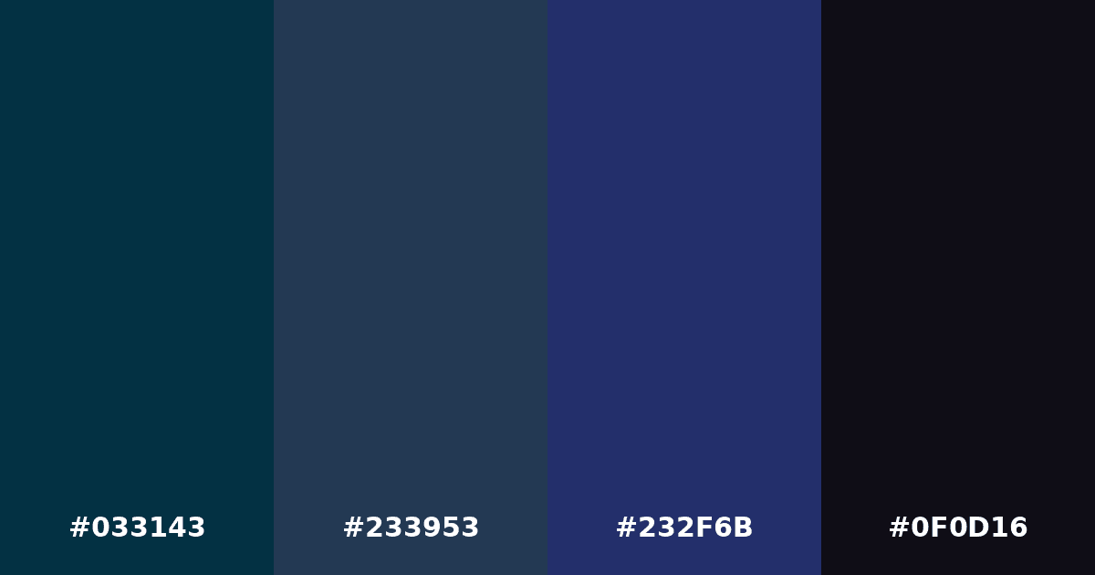 Color palette #033143 #233953 #232F6B #0F0D16