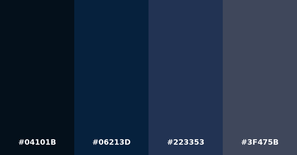 Color palette #04101B #06213D #223353 #3F475B