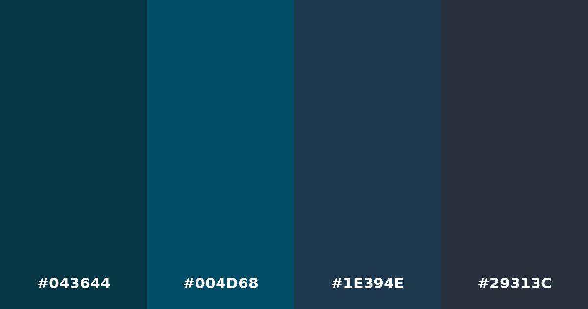 Color palette #043644 #004D68 #1E394E #29313C