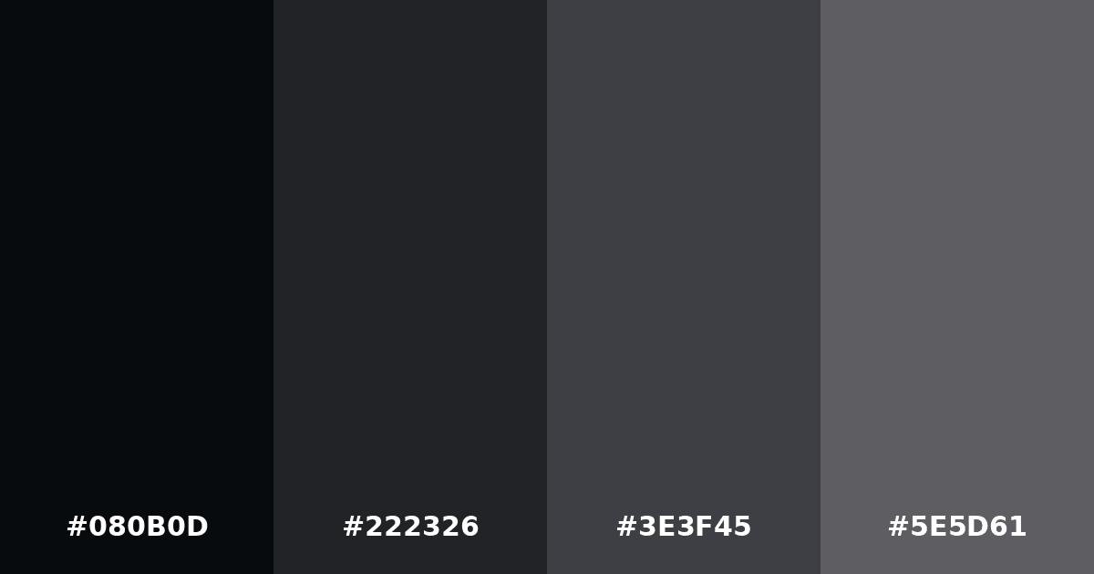 Color palette #080B0D #222326 #3E3F45 #5E5D61