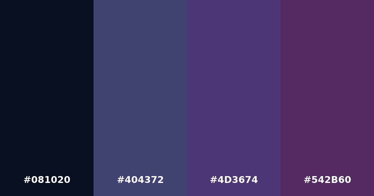 Color palette #081020 #404372 #4D3674 #542B60