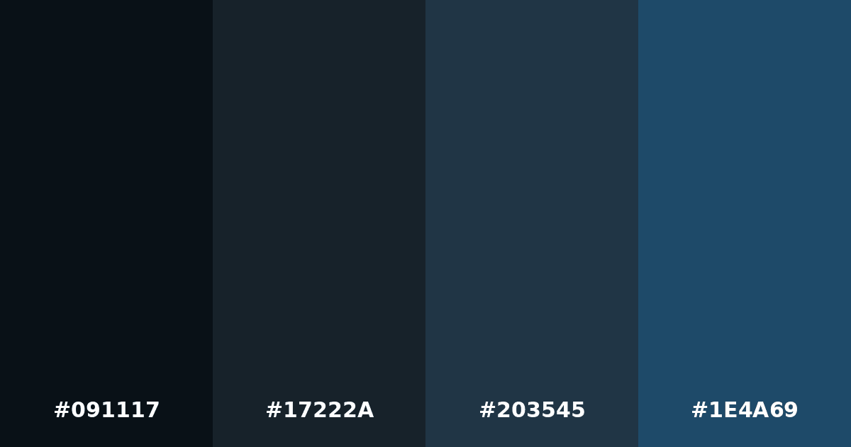 Color palette #091117 #17222A #203545 #1E4A69