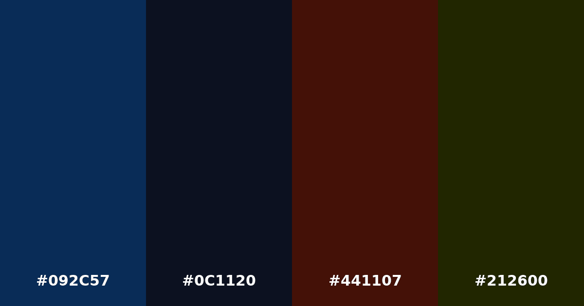 Color palette #092C57 #0C1120 #441107 #212600