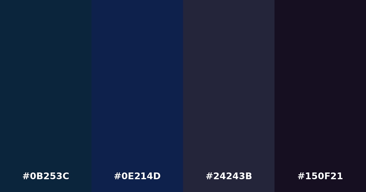 Color palette #0B253C #0E214D #24243B #150F21