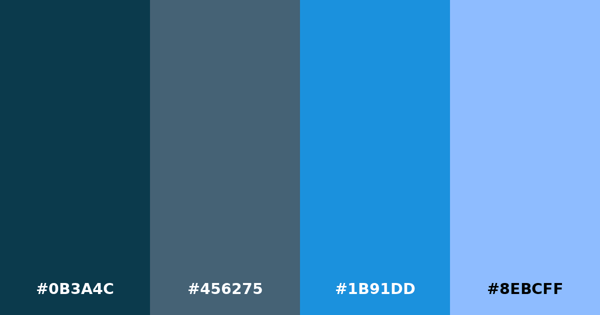 Color palette #0B3A4C #456275 #1B91DD #8EBCFF