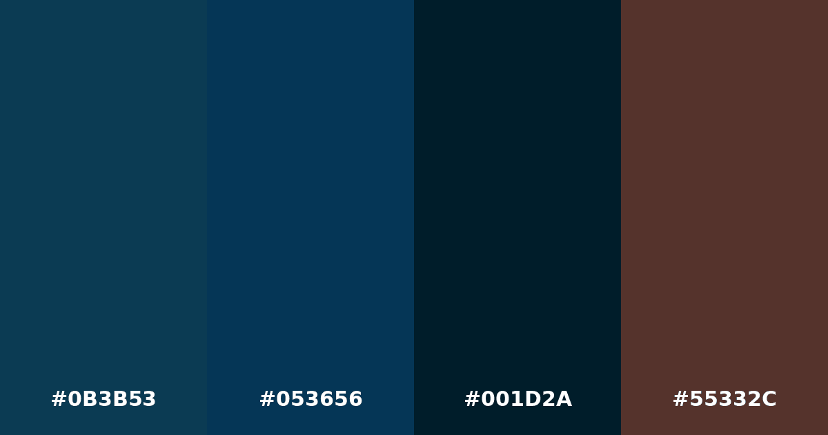 Color palette #0B3B53 #053656 #001D2A #55332C