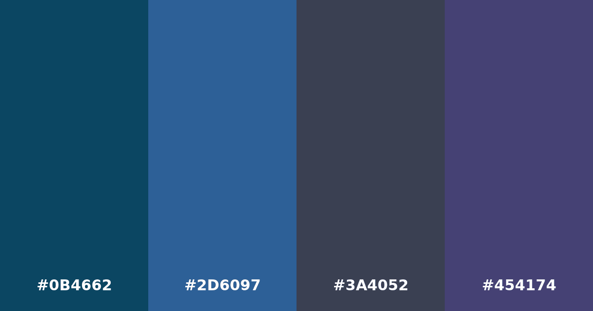 Color palette #0B4662 #2D6097 #3A4052 #454174