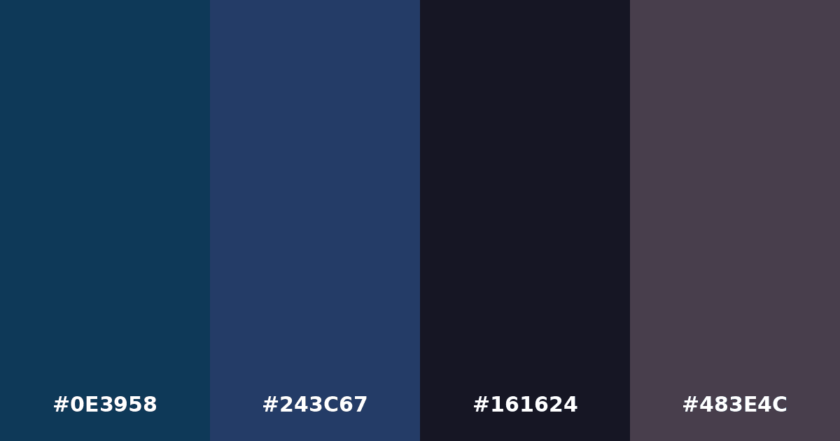 Color palette #0E3958 #243C67 #161624 #483E4C