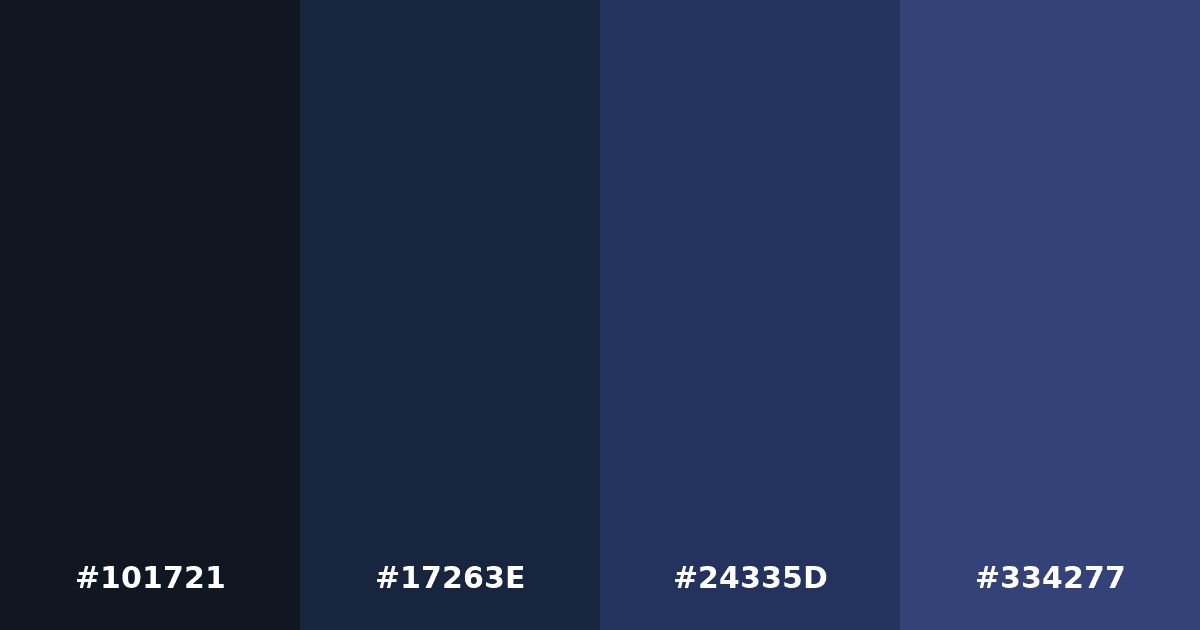 Color palette #101721 #17263E #24335D #334277