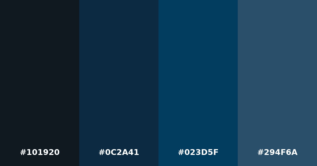 Color palette #101920 #0C2A41 #023D5F #294F6A