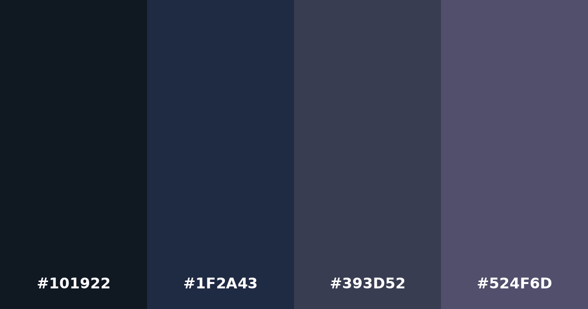 Color palette #101922 #1F2A43 #393D52 #524F6D