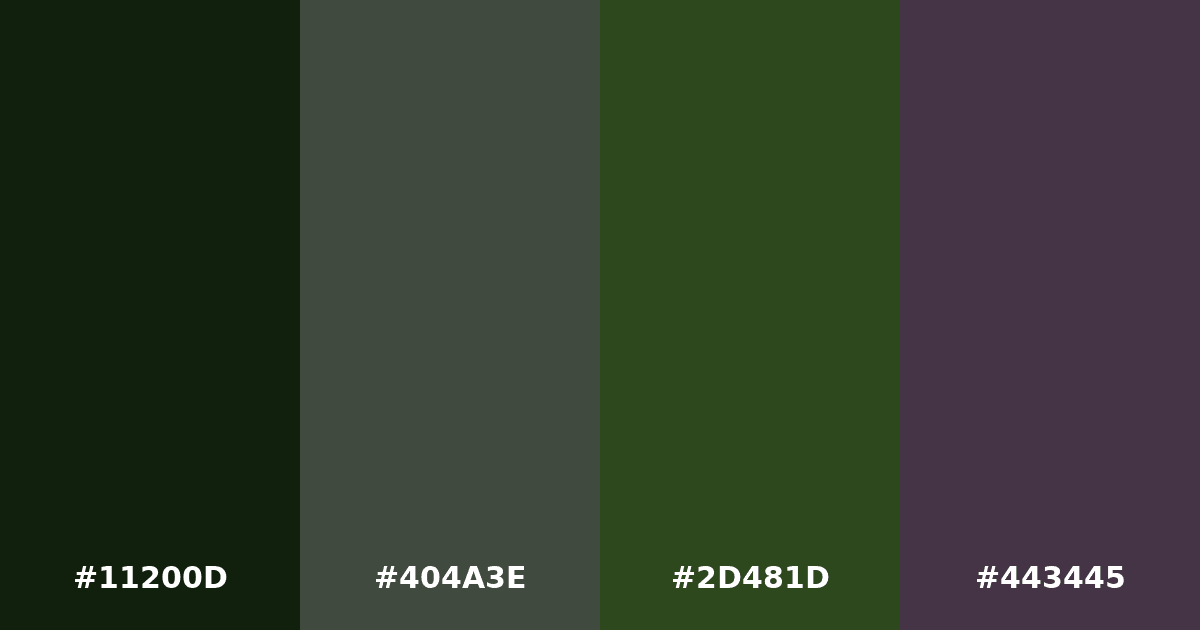 Color palette #11200D #404A3E #2D481D #443445