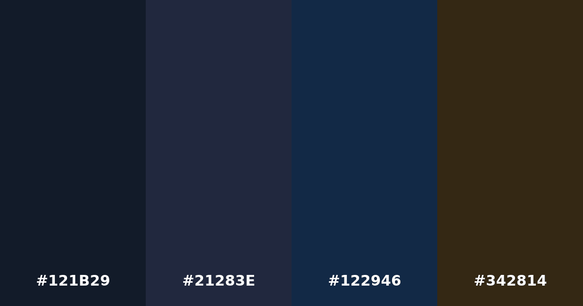 Color palette #121B29 #21283E #122946 #342814