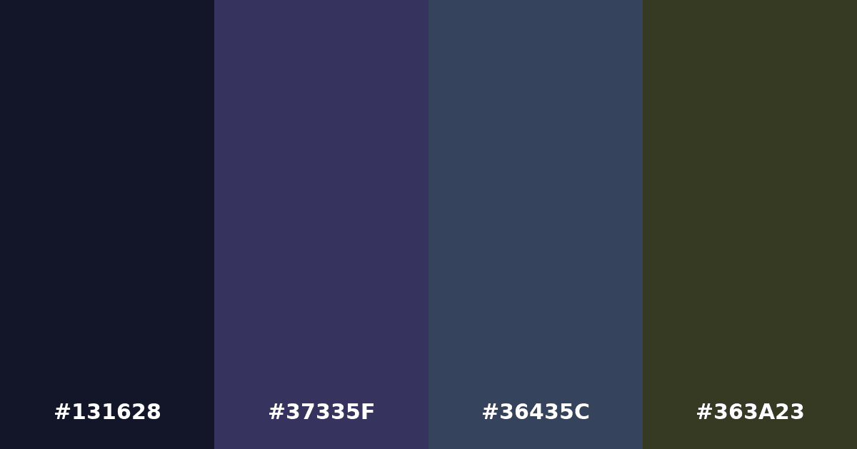 Color palette #131628 #37335F #36435C #363A23