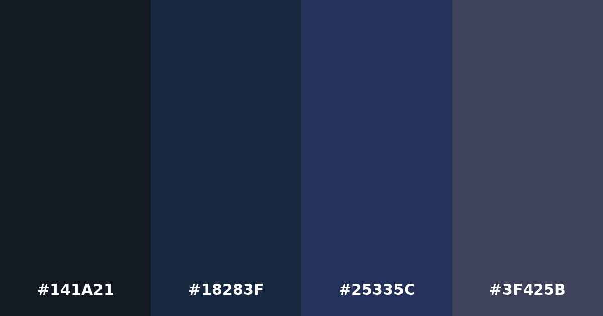 Color palette #141A21 #18283F #25335C #3F425B