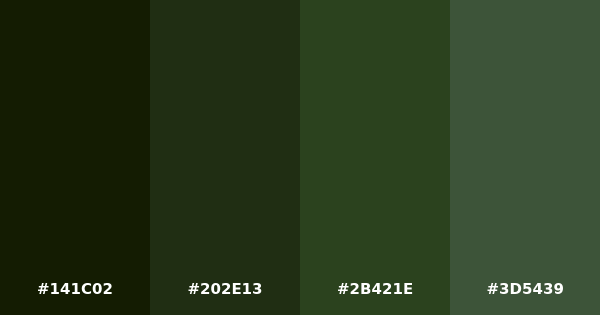 Color palette #141C02 #202E13 #2B421E #3D5439