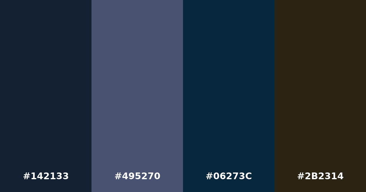 Color palette #142133 #495270 #06273C #2B2314