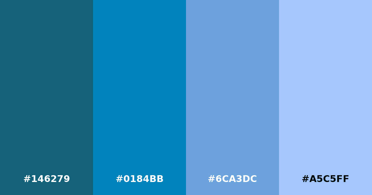 Color palette #146279 #0184BB #6CA3DC #A5C5FF