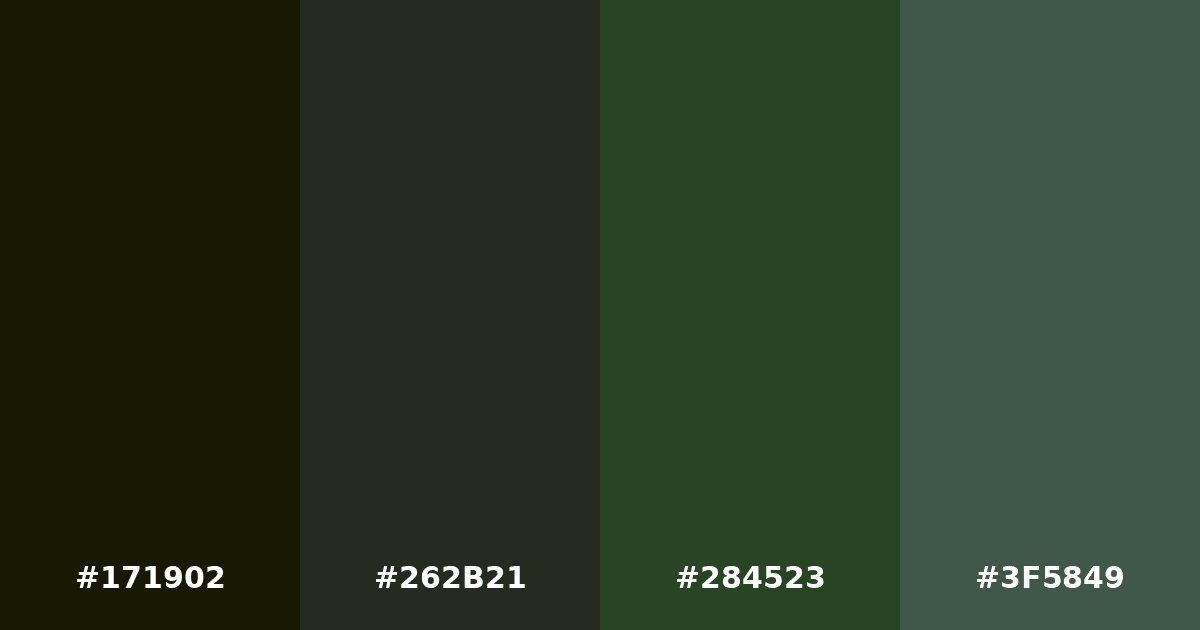 Color palette #171902 #262B21 #284523 #3F5849