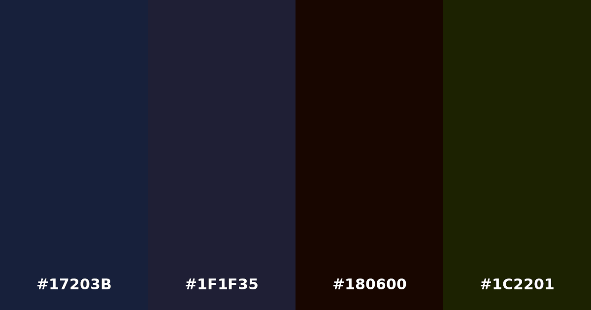 Color palette #17203B #1F1F35 #180600 #1C2201