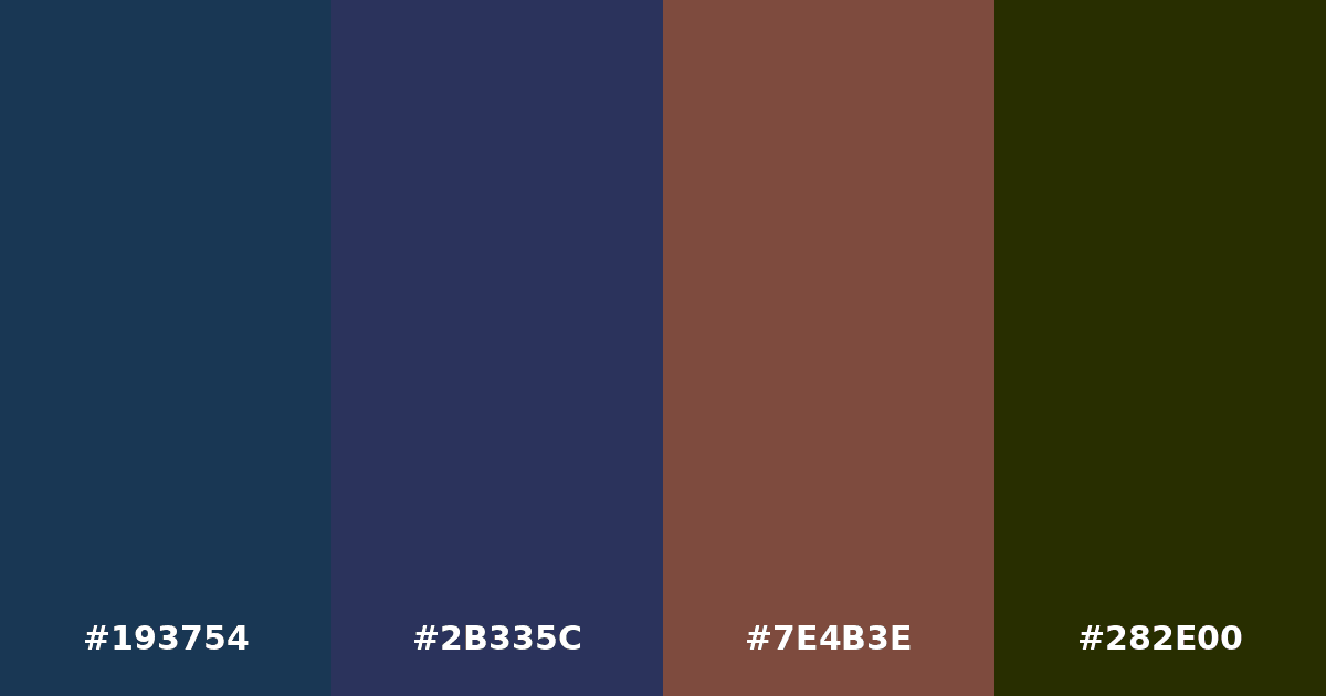 Color palette #193754 #2B335C #7E4B3E #282E00