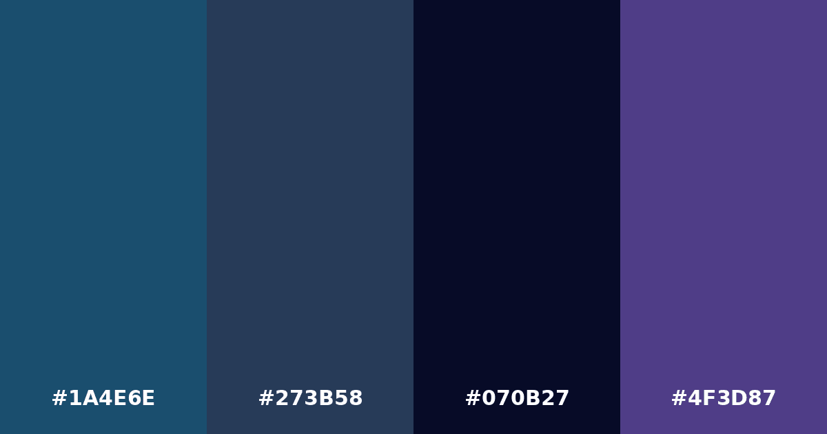 Color palette #1A4E6E #273B58 #070B27 #4F3D87