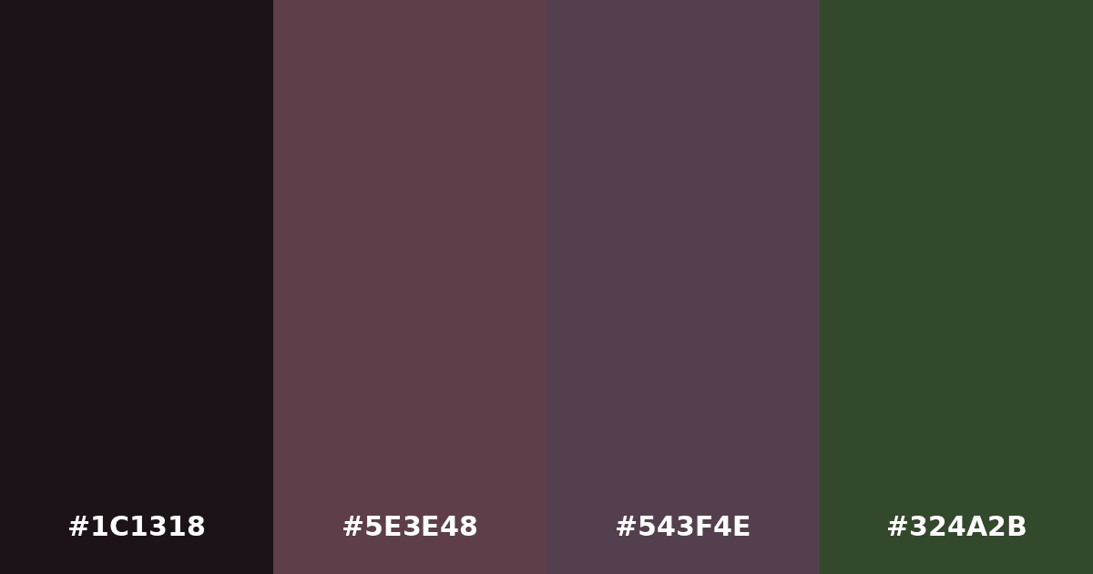 Color palette #1C1318 #5E3E48 #543F4E #324A2B