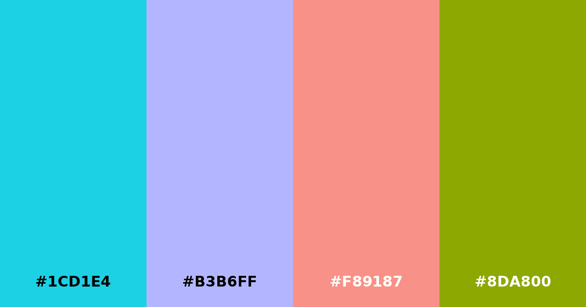 Color palette #1CD1E4 #B3B6FF #F89187 #8DA800