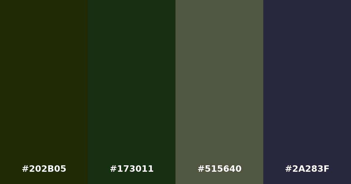 Color palette #202B05 #173011 #515640 #2A283F