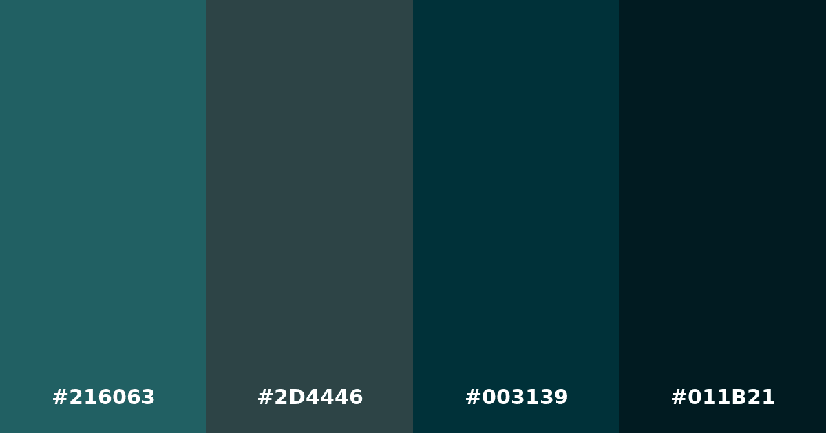 Color palette #216063 #2D4446 #003139 #011B21