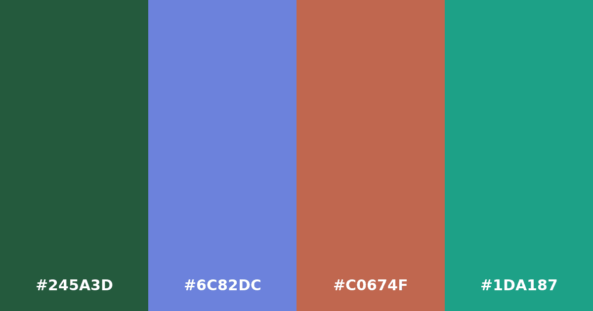 Color palette #245A3D #6C82DC #C0674F #1DA187