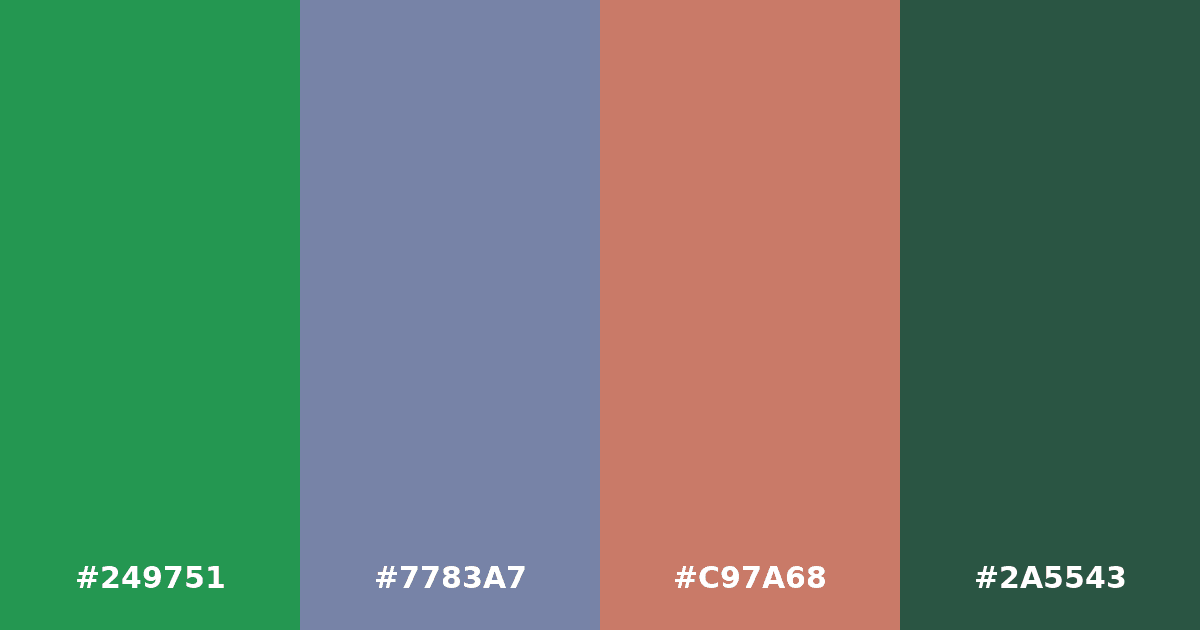 Color palette #249751 #7783A7 #C97A68 #2A5543