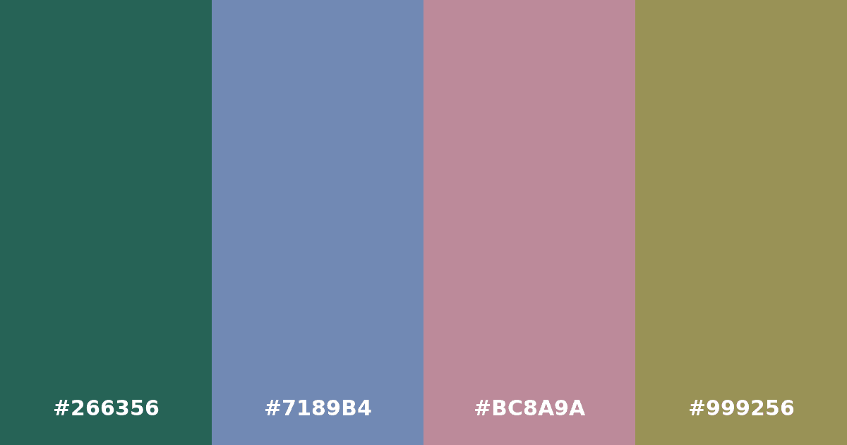 Color palette #266356 #7189B4 #BC8A9A #999256
