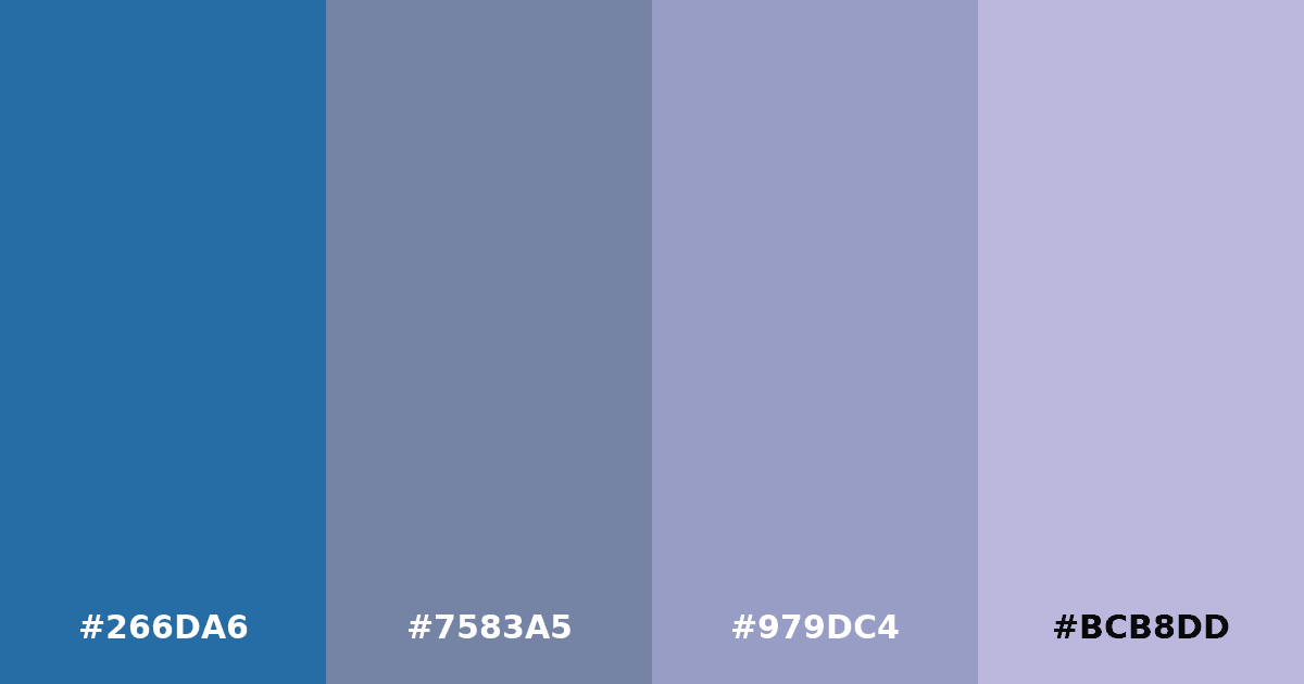 Color palette #266DA6 #7583A5 #979DC4 #BCB8DD