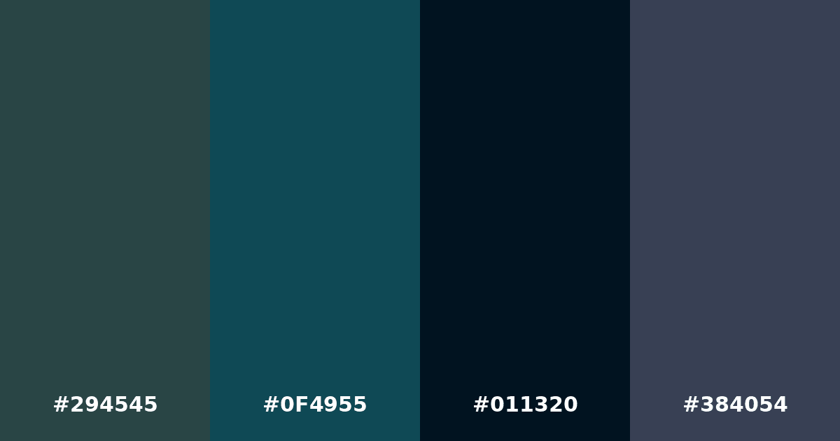 Color palette #294545 #0F4955 #011320 #384054