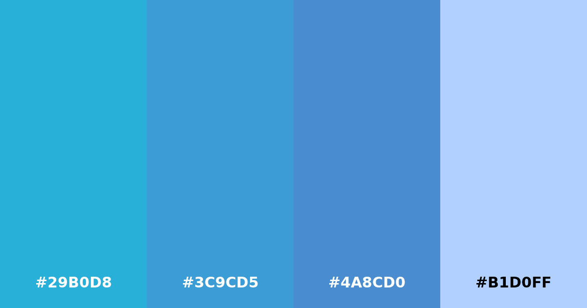 Color palette #29B0D8 #3C9CD5 #4A8CD0 #B1D0FF