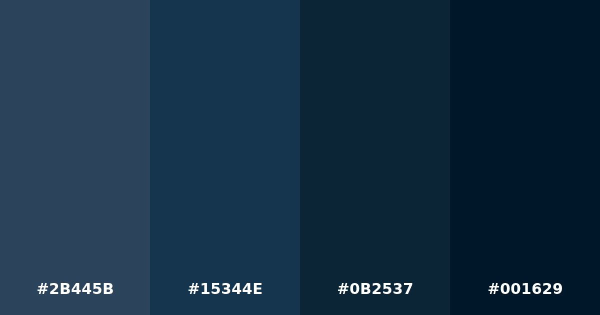 Color palette #2B445B #15344E #0B2537 #001629