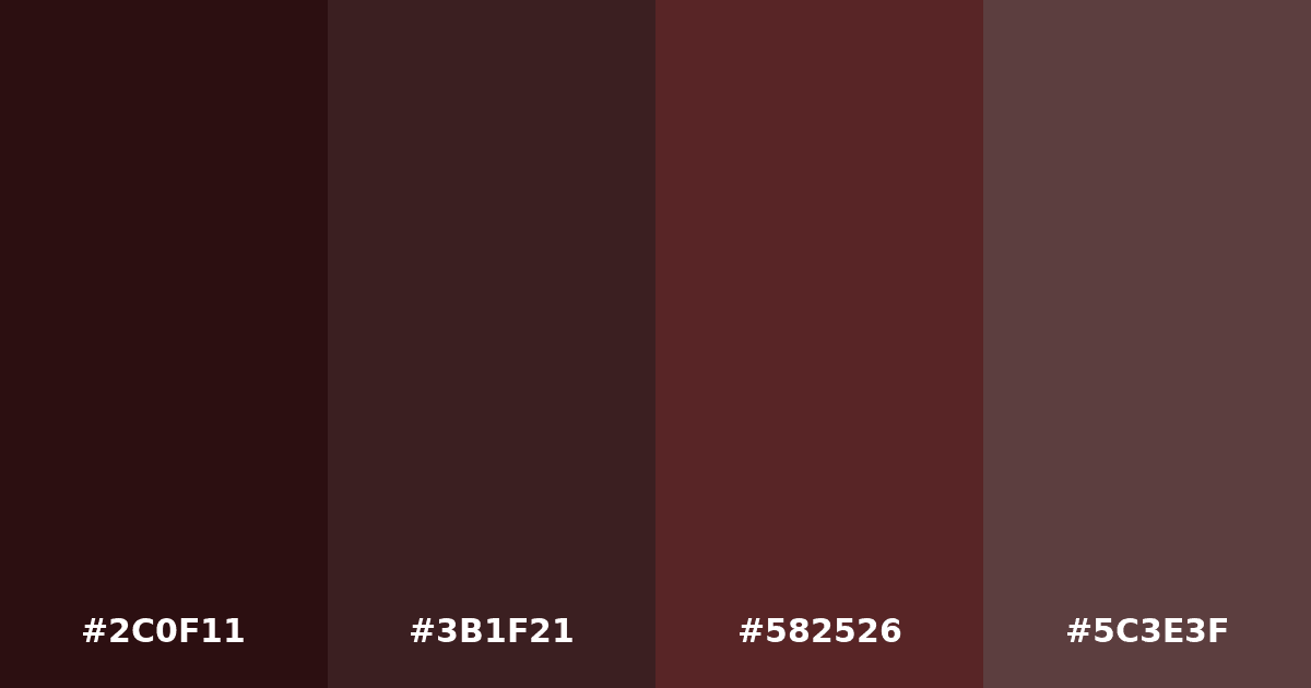Color palette #2C0F11 #3B1F21 #582526 #5C3E3F