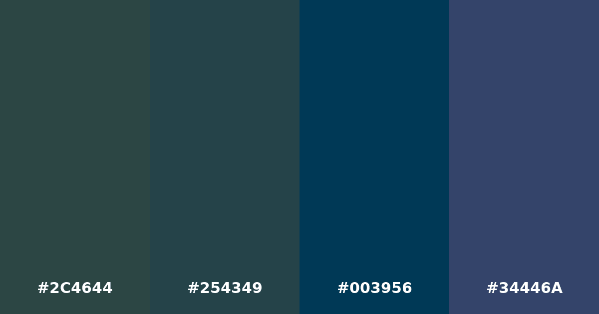 Color palette #2C4644 #254349 #003956 #34446A