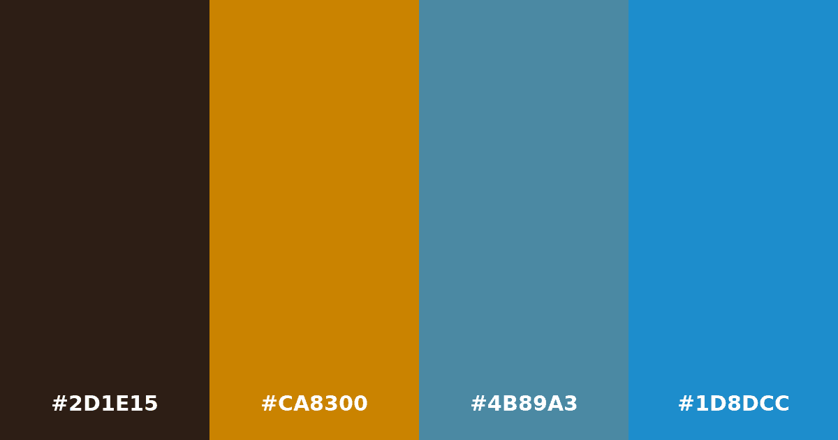 Color palette #2D1E15 #CA8300 #4B89A3 #1D8DCC