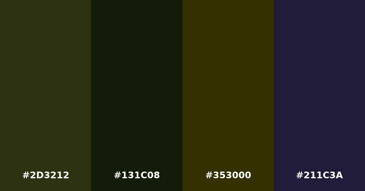Color palette #2D3212 #131C08 #353000 #211C3A