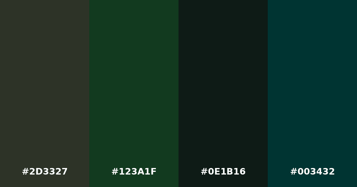 Color palette #2D3327 #123A1F #0E1B16 #003432