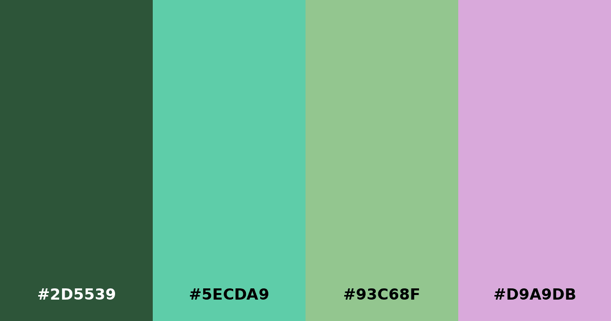 Color palette #2D5539 #5ECDA9 #93C68F #D9A9DB