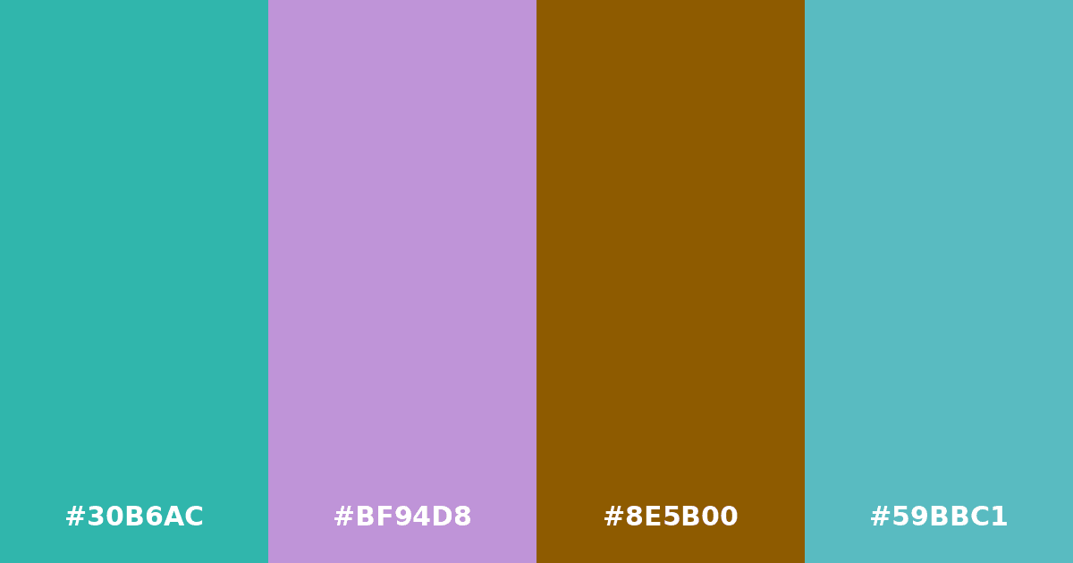 Color palette #30B6AC #BF94D8 #8E5B00 #59BBC1