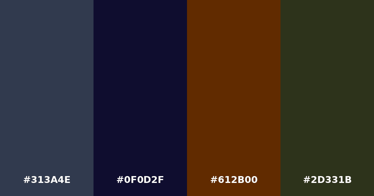 Color palette #313A4E #0F0D2F #612B00 #2D331B