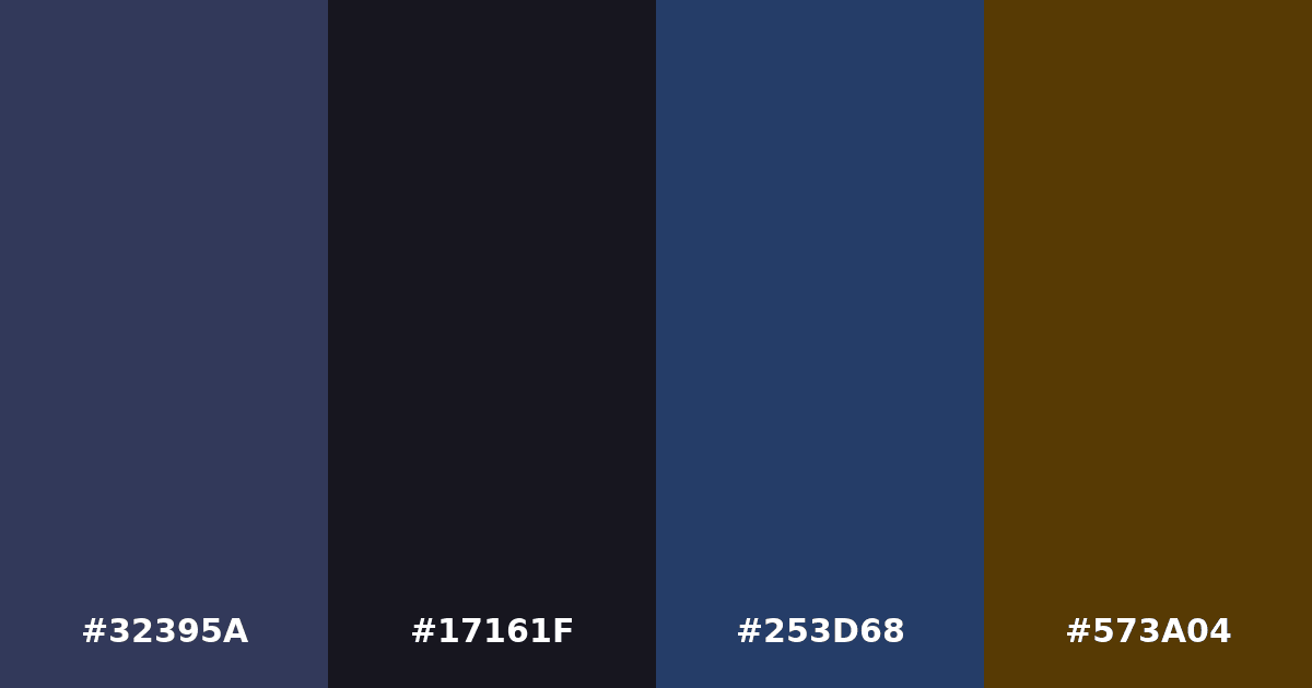 Color palette #32395A #17161F #253D68 #573A04